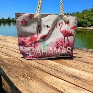Bahamas Flamingo Print Tote Bag -‎ Pink and White